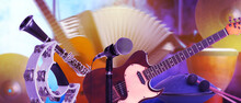Creative Banner Design. Modern Microphone And Different Musical Instruments