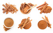 Set with aromatic cinnamon sticks and powder on white background, top view