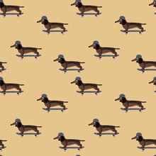 Seamless Pattern With Dachshund In Helmet On Skateboard. Illustration With Brown Dog On Skate  On Yellow Background. Print For Kids Design, Textile, Paper, Fabric, Wallpapers, Nursing, Greeting, Books