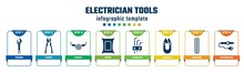 Electrician Tools Concept Infographic Design Template. Included Spanner, Clamps, Sawmill, Cement, Allen Keys, Handheld, Tiremarks, Soldering Iron Icons And 8 Options Or Steps.