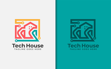 Wall Mural - Abstract Tech House Logo Design. Modern House Symbol and Tech Element Combination with Stylish Geometric Lines Concept.