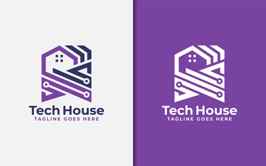 Wall Mural - Abstract Tech House Logo Design. Modern House Symbol and Tech Element Combination with Stylish Geometric Lines Concept.