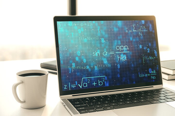 Creative scientific formula illustration on modern computer monitor, science and research concept. 3D Rendering