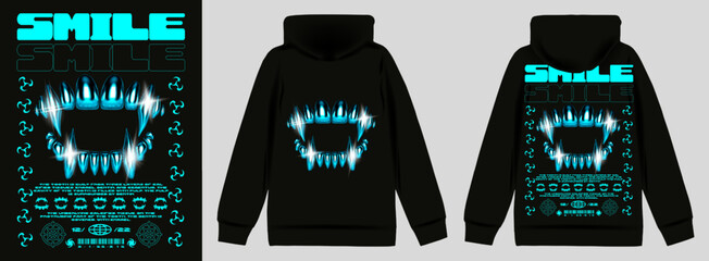 Wall Mural - poster with blue 3d iron teeth. stylish print in techno style for streetwear, print for t-shirts and
