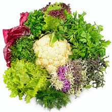 Vegetables And Leafy Greens Isolated On White . View From Above.