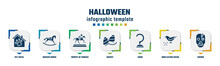 Halloween Concept Infographic Design Template. Included Pet Hotel, Rocker Horse, Trophy Of Horses Races, Gummy, Hook, Bird Eating Seeds, Zombie Icons And 7 Option Or Steps.