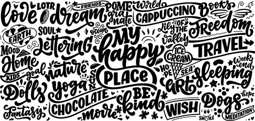 Wall Mural - black and white hand drawn lettering quotes. abstract background pattern. poster and banner design. 