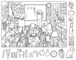 © Jo_Ana - Teacher with children in class. Find and color hidden objects in the picture. Coloring page. Puzzle Hidden Items. Lesson in school classroom. Funny cartoon character. Sketch vector illustration