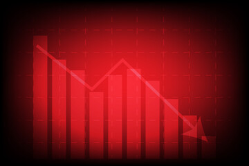 Economic critical crisis concept. The red graph drops down and charts on a red background. Recession financial, cryptocurrency, gold, and the stock market. Losing money and cash.