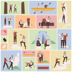 adventures of lost tourists sets vector illustration. cartoon hiker characters trekking, man and wom