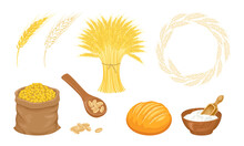 Wheat Set. Grain Sack, Bowl Of Flour, Spoon, Wheat Wreath, Freshly Baked Cereal Bread, Ear Cartoon And Outline And Sheaf Of Wheat. Collection Of Vector Illustration.