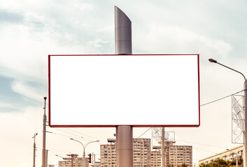 Big billboard mockup on city background with apartment building. Outdoor advertising poster. High quality photo