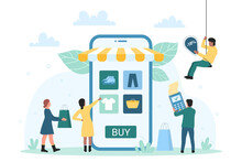 Shopping Service And Online Payment For Products In Mobile Shop App Vector Illustration. Cartoon Tiny People Buy And Pay With POS Terminal, Clothes, Sport Shoes And Accessory On Phone Screen