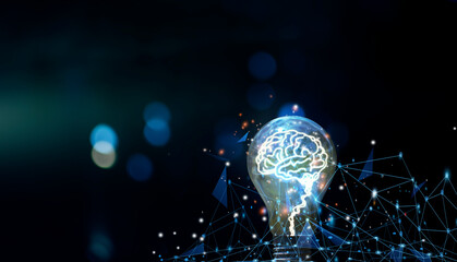 glowing lightbulb with virtual brain and orange light . creative new business idea concept.