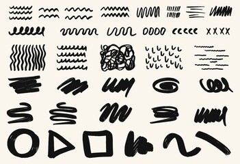 Wall Mural - Set of different abstract shapes and patterns. Hand drawn doodles. Modern fashion illustration. Flat design, cartoon drawing, vector.