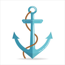 Nautical Anchor With A Rope. Icon Isolated On White Background. Flat Design. Vector Illustration.