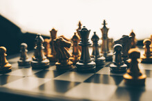 Closeup Of Chess Characters On Board Games. To Represent Decision Making In Term Of Business Strategy To Find Out The Best Solution To Meet Target Objective And Goal.	
