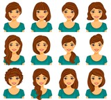 Fototapeta Dinusie - Beautiful smiling woman demonstrates various hairstyles. Long and short hair. Brown hair color. Hairstyle set. Flat style on a white background. Cartoon.