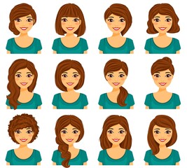 Beautiful smiling woman demonstrates various hairstyles. Long and short hair. Brown hair color. Hairstyle set. Flat style on a white background. Cartoon.