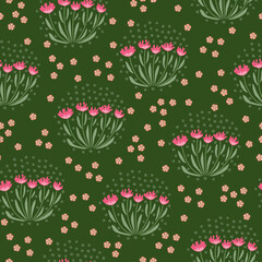 Wall Mural - Seamless pattern of a little flowers and branch with leaves. Abstract small flower patter. Vector illustration.