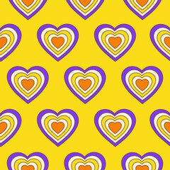 Wall Mural - Seamless pattern with hearts shaped tunnel isolated on a yellow background. Modern minimal illustration for decoration. Retro vector print in style 60s, 70s