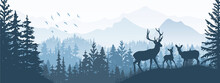 Horizontal Banner. Silhouette Of Deer, Doe, Fawn Standing On Meadow In Forrest. Silhouette Of Animal, Trees, Grass. Magical Misty Landscape, Fog, Mountains. Blue Illustration. Bookmark.