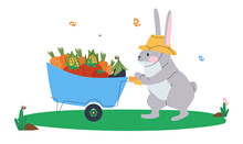 A Cute Bunny Is Carrying A Cart Full Of Fresh Vegetables Across The Field. Big Autumn Harvest On The Rabbit Farm. Stylish Flat Vector Illustration. Eps10