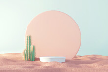 Pastel Summer Tropical Background, White Podium With Cactus On Sand Beach, Mock Up For The Exhibitions And Display, Presentation Of Products, 3d Render.