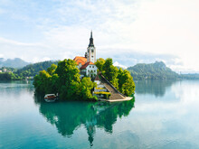 Bled, Slovenia, Slovenija - Aerial View Of Lake Bled, Blejsko Jezero With The Pilgrimage Church Of The Assumption Of Maria On A Small Island
