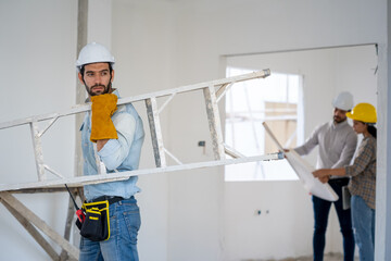 Poster - Construction workers collaborating on new house building,Concept of architect profession and house building.