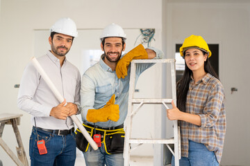 Poster - Group of engineer checking and talking about construction project with commitment to success at construction site,Construction concept.