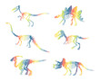 Vector set with rainbow dinosaur skeleton isolated on a white background.