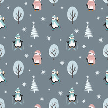 Christmas Seamless Pattern With Cute Cartoon Penguins And Trees. Can Be Used For Fabric, Wrapping Paper, Scrapbooking, Textile, Poster, Banner And Other Christmas Design. Flat Style.