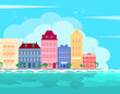 Sea tropical cityscape with colorful buildings on the seafront against the backdrop of azure waves and blue sky