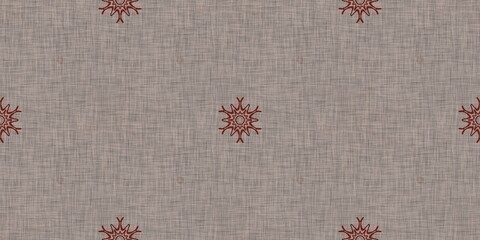 Seamless christmas snowflake woven linen border. Two tone seasonal red farmhouse frost edge for washi tape. Holiday textile for french Xmas snow repeat. 