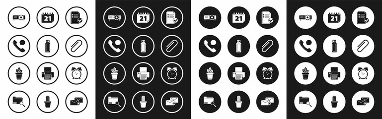 Sticker - Set Document and check mark, USB flash drive, Telephone handset speech bubble chat, Presentation, movie, film, media projector, Paper clip, Calendar, Alarm clock and Flowers in pot icon. Vector