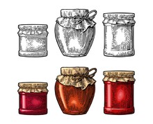 Various Glass Jars With Jam And Packaging Paper. Vector Vintage Engraving