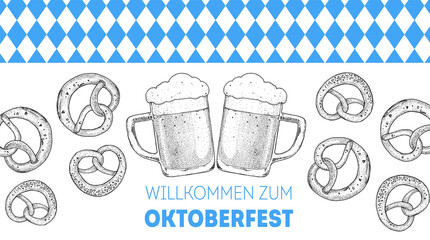 Oktoberfest beer hand drawn vector illustration. Two beer mugs and pretzels sketch. Design template. Beer glass mugs illustration.