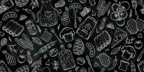 Barbecue Kebab food pattern. Hand drawn vintage steakhouse elements chalk wall. Grill bbq vector. Restaurant line background with doodle chicken, beef, sauce, pork wallpaper. Seamless barbecue pattern