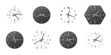 Clock Faces. Realistic Black Or White Watch Dials With Arrows And Numbers. Time Measurement. Mechanical Timepiece Shapes. Round Accurate Chronographs. Vector Isolated Wall Chronometers Set