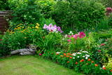 rabata kwiatowa z pomarańczową aksamitką rozpierzchłą (Tagetes patula ) i floksami wiechowatymi (Phlox paniculata), beautiful garden with marigold, lily and pflox, designer garden