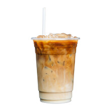 Iced Latte Coffee On Plastic Glass And Tube Sucking Isolated White Background, Summer Drink Concept