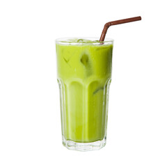 Ice of milk green tea on glass isolated white background.