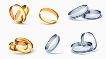 Realistic Wedding Rings. Romantic Golden And Silver Elements. Precious Jewely. Married Couple Accessories. Jewel Circles. Engagement Gift. Eternity Symbol. Vector 3D Metal Objects Set