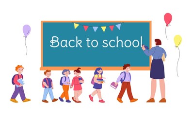 Wall Mural - Back to school children and teacher. Woman writing on blackboard, education concept. Little happy students go study vector scene