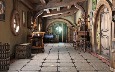 Wall Mural - Fantasy tiny storybook style home interior cottage hallway background with rustic accents . 3d rendering
