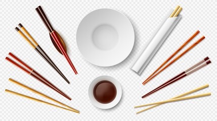 Sushi chopsticks and soy sauce. Realistic Japanese restaurant tableware. Wooden sticks. White porcelain bowl. Utensil top view. Chinese food serving. Empty saucer. Vector dishware set