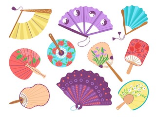 Poster - Flat asian fans. Elegant fan japan style, oriental traditional decorative hand accessories. Folding paper chinese elements for cooling wind, decent vector set