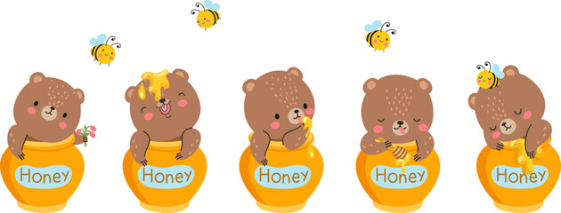 Wall Mural - Bear in honey jar. Kids cute teddy bears friend, sweet cartoon forest animal and bee. Nice funny jars with children toy eating, sleep, joyful nowaday vector characters