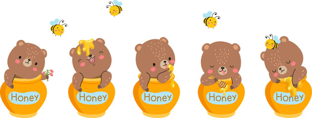 Poster - Bear in honey jar. Kids cute teddy bears friend, sweet cartoon forest animal and bee. Nice funny jars with children toy eating, sleep, joyful nowaday vector characters